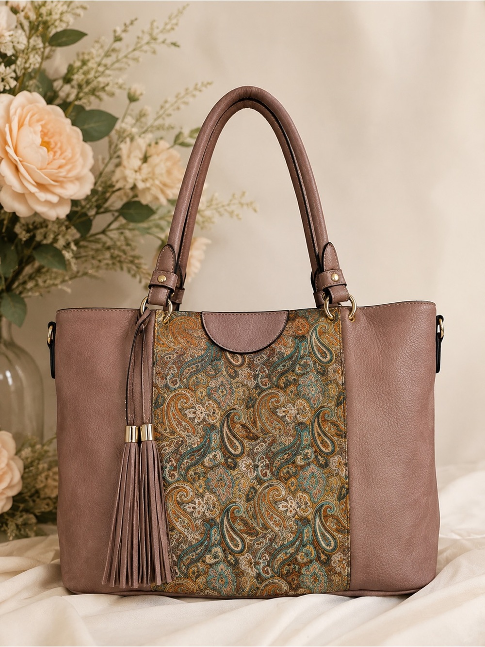 Paisley-Panel Tote in Mauve Brown with Tassel